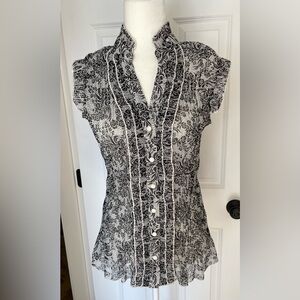 Semi sheer Black and White floral  Button-Up Blouse